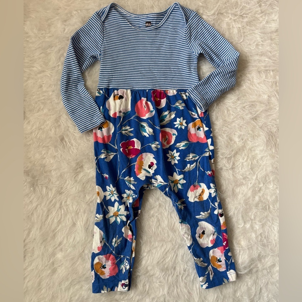 Tea Collection Blue and White Romper with Stripes and Spring Floral Patterns